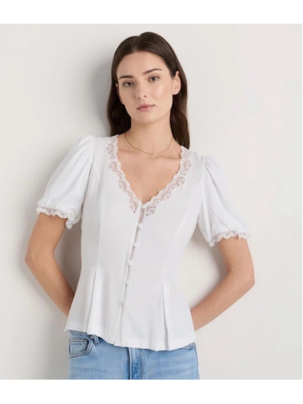 Quince White Lace Trim Puff Sleeve Blouse
